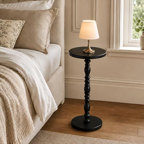Round Side Table, Solid Wood Pedestal Drink Table for Small Spaces, Modern Accent End Table with Non-Slip Base for Living Room, Bedroom, Sofa Couch, Black - color: Black
