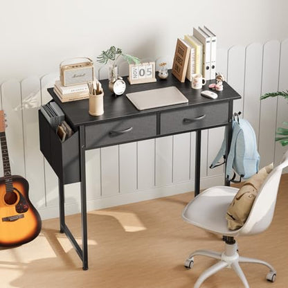 OLIXIS 32 Inch Small Desk, Computer Desk, Home Office | Fabric Drawers, Side Bag, Headphone Hook, Writing Study Work Table, Bedroom, Sleek Black - color: Sleek Black, size: 32 in
