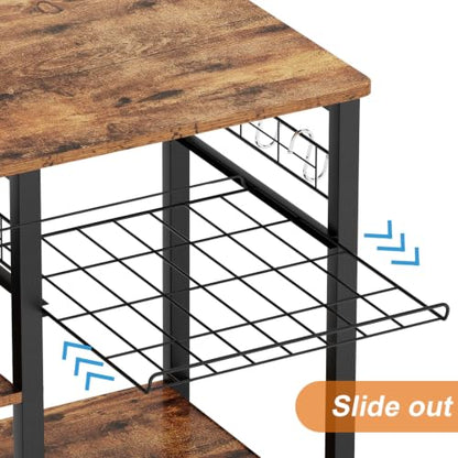 soges 3-Tier Kitchen Baker's Rack, Compact Microwave Stand, Rustic Brown | Space-saving for Apartments, Kitchen, Pantry, Living Room, Sliding Storage Basket, 5 Hooks, Sturdy X-Frame, Easy Assembly - color: Rustic Brown