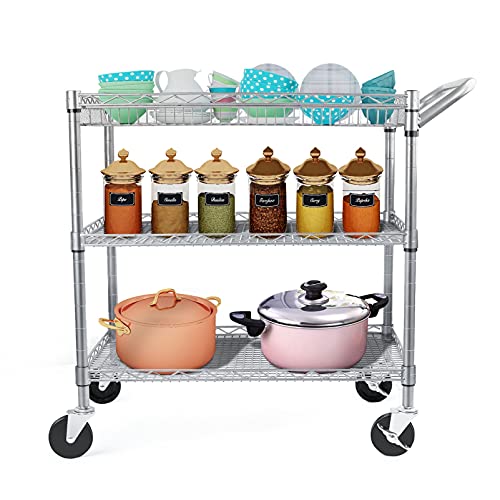WDT Heavy Duty 3 Tier Utility Cart,Wire Rolling Carts with Wheels, Commercial Grade Service Cart with Shelving Liners and Handle Bar Metal Carts for Kitchen Office Hardware - color: 990lbs Capacity Silver