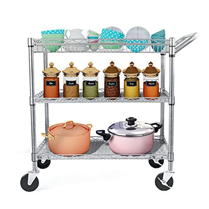 WDT Heavy Duty 3 Tier Utility Cart,Wire Rolling Carts with Wheels, Commercial Grade Service Cart with Shelving Liners and Handle Bar Metal Carts for Kitchen Office Hardware - color: 990lbs Capacity Silver