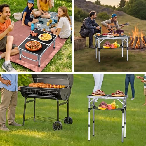 Anbte Folding Camping Table, Aluminum 24" x 16" Adjustable Height Small Folding Table with Carrying Handle, Lightweight, Portable Camping Table Waterproof for Outdoor Indoor Picnic Beach BBQ (Black) | Portable Picnic Table with Net Storage, Quick Assembly