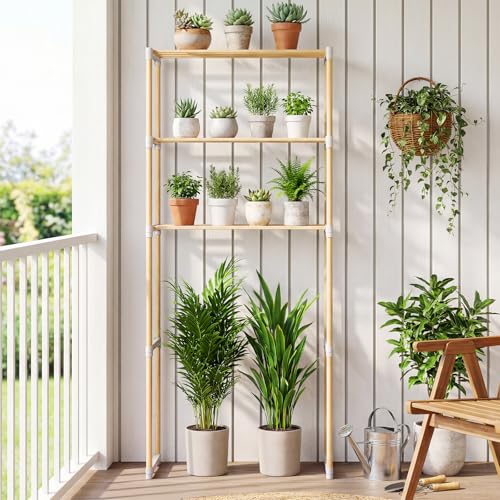 COSTWAY 3-Tier Over The Toilet Rack, Solid Wood Vertical Organizer with Slatted Shelves, Freestanding Space-Saving Toilet Storage Rack for Bathroom, Laundry Room