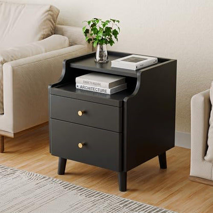 Nightstand Set of 2, Pre-Assembled, 19.7“H Solid Wood Night Stand with 2 Drawers, Open Sliding Shelf, Mid Century Modern Small Bedside Table for Bedroom, Black 16" - color: Black-2pack, size: 16"