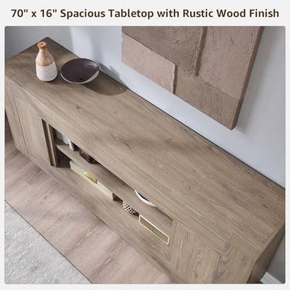 OKD Modern 70" TV Stand, Entertainment Center for TVs Up to 80", Media Console with Large Open Storage & Side Cabinets, Thick Wood Design for Living Room, Alder Grey - color: Alder Grey