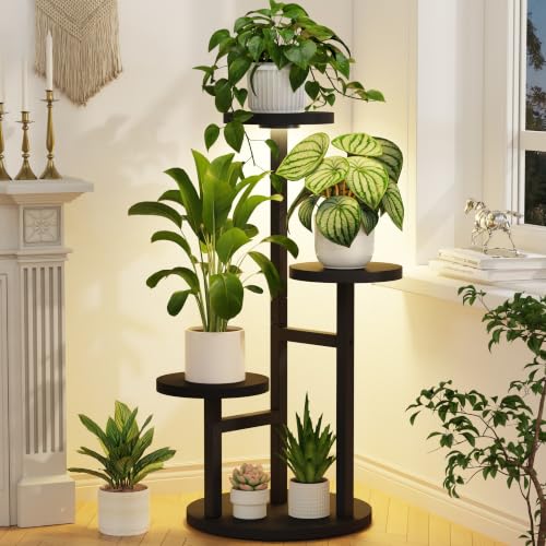 LASZOLA Wood Small Plant Stand Table Indoor Tall with Lights, 3 Tier Black | Corner Flower Pot Holder Rack for Multiple Plants, Rustic Planter Shelf Display for Patio Garden Balcony Living Room - color: Black with Light, size: 3 Tier