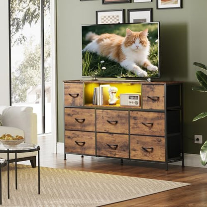 WLIVE Dresser TV Stand for 45, 50, 55 inch TV, Entertainment Center with LED Lights & Charging Station, Chest of Drawers with 8 Fabric Drawers and Open Shelves for Living Room, Hallway, Rustic Brown - color: Rustic Brown
