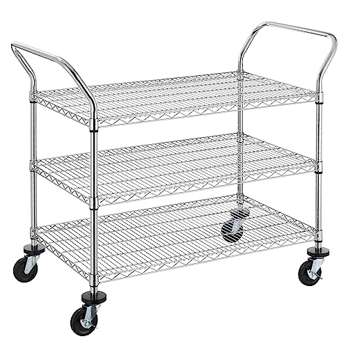 Finnhomy 3-Tier Commercial Grade Rolling Cart, Heavy Duty Utility Cart with Wheels and Handles, Metal Kitchen Carts on Wheels with 600 lbs Capacity, Shelf Size 24" D x 40" W, NSF - size: 24"D x 46.8"W x 39.7"H