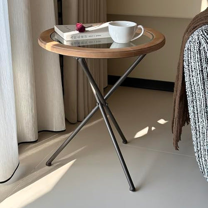 Minimalist Mid-Century Modern Round End Table, Solid Wood Tempered Glass Side Table, Accent Table with Metal Tripod Legs for Living Room, Bedroom, Balcony, Office & Small Spaces (17.22" D x 21.26" H)