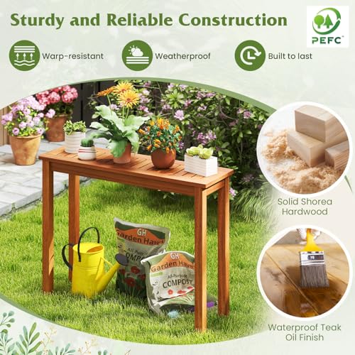 Tangkula Narrow Outdoor Dining Table, Solid Wood Furniture Patio Console Table with Slatted Tabletop, Wooden Buffet Bar Plant Stand for Garden Deck Entryway Porch Balcony