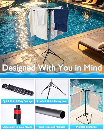 Pool Towel Rack Outdoor, 4 Arms Adjustable 51-71 Inch Freestanding Foldable Drying Rack for Pool, Camping, Backyard, Rust-Resistant Steel, Holds Towels & Swim Gear