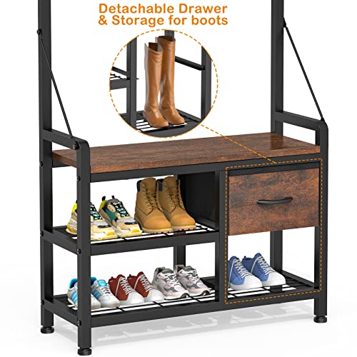 Lulive Hall Tree with Bench and Shoe Storage, 31.5” Coat Rack Freestanding | Rustic Brown, 5 in 1 Intelligent Design, 17 Hooks, 2 Drawers, Handy Clothes Rail - color: Rustic Brown, size: 11.8"D x 31.5"W x 70.9"H