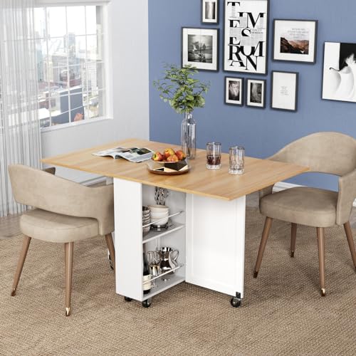 3imothrix Folding Dining Table, Dinner Table with Drawer and Storage and Shelves, Space Saving Dining Table with 6 Wheels, Kitchen Table for Small Spaces (Light Brown) - color: Light Brown