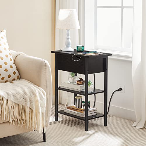 HOOBRO Side Table, Flip End Table with Charging Station and Shelves, USB Ports & Power Outlets, Narrow Nightstand for Small Spaces, Stable and Sturdy, for Living Room, Black BK341BZ01 - color: Black