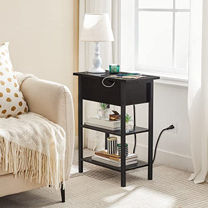 HOOBRO Side Table, Flip End Table with Charging Station and Shelves, USB Ports & Power Outlets, Narrow Nightstand for Small Spaces, Stable and Sturdy, for Living Room, Black BK341BZ01 - color: Black