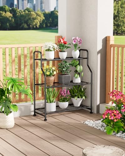 Kitsure 3-Tier Plant Stand Indoor & Outdoor, 27" x 11.4" x 29.3", Black | Metal Plant Shelf with Adjustable Leveling Feet, Easy to Assemble Planter Stand for Patio, Balcony, or Garden, Plant Shelves - size: 27" x 11.4" x 29.3"