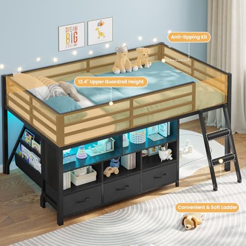 BTHFST Low Loft Bed Twin Size with 3 Storage Drawers, 3-Tier Kids Bookshelf, 5 Open Cubbies and 2 LED Lights Strips, Metal Kids Loft Bed with High Safety Guardrail, Inclined Ladder and Play Area - color: Black