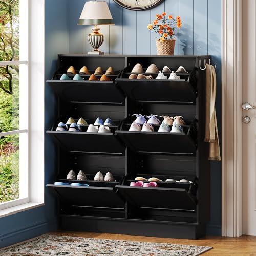 Modern Elegant Narrow Tipping Bucket Shoe Cabinet with 6 Flip Drawers, Space Saving Design, Cream Style Entryway Organizer with Adjustable Shelf, Free-Standing Shoe Rack with 3 Silvery Hooks, Black - color: Black, size: 49.2''
