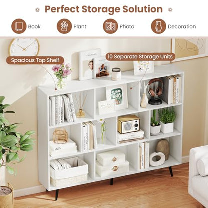 Giantex 10-Cube Bookcase, 3-Tier Modern Bookshelf with 5 Metal Legs, 55" Freestanding Open Storage Organizer with 2 Anti-tip Devices, Mid-Century Display Rack for Living Room (55" x 9.5" x 42") - size: 55" x 9.5" x 42"