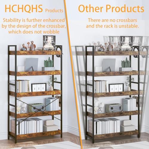 HCHQHS 5 Tier Bookshelf, Adjustable Industrial Bookcase, Vertical Tall Book Shelf, Wood and Black Metal Open Bookshelves for Home Office, Living Room, Bedroom - color: Rustic Brown, size: 5-Tier (31.5"W x 57"H)
