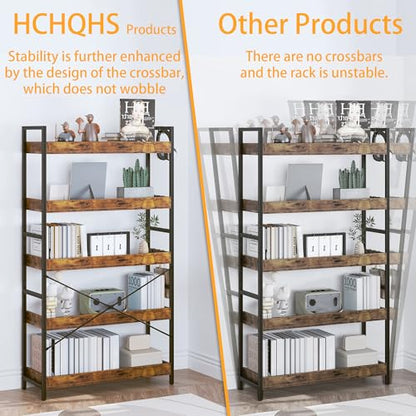 HCHQHS 5 Tier Bookshelf, Adjustable Industrial Bookcase, Vertical Tall Book Shelf, Wood and Black Metal Open Bookshelves for Home Office, Living Room, Bedroom - color: Rustic Brown, size: 5-Tier (31.5"W x 57"H)