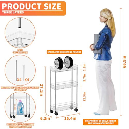 Clear 3 Tier Slim Rolling Storage Cart with Wheels,6.3″W Thin Shelf,Bathroom Storage Cabinet,Skinny Laundry Cart,Narrow Laundry Room Cart Between Washer and Dryer,Skinny Shelves for Small Space - style: 3 Tier