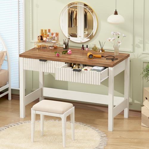 YOMILUVE Fluted Computer Desk with 2 Drawers, 39 Inch Small Computer Desk with Storage, Compact Writing Study Vanity Desk for Small Spaces, Antique White - color: Antique White
