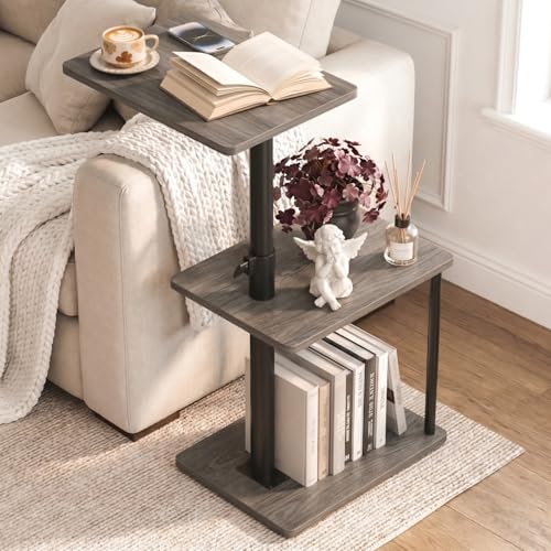Faesun Swivel Side Table for Couch Arm, Height Adjustable C Table for Recliner or Bed, Tv Trays with Storage Shelf for Small Spaces- Small Nightstand Table for Living Room, Bedroom - color: Taupe, size: Standard