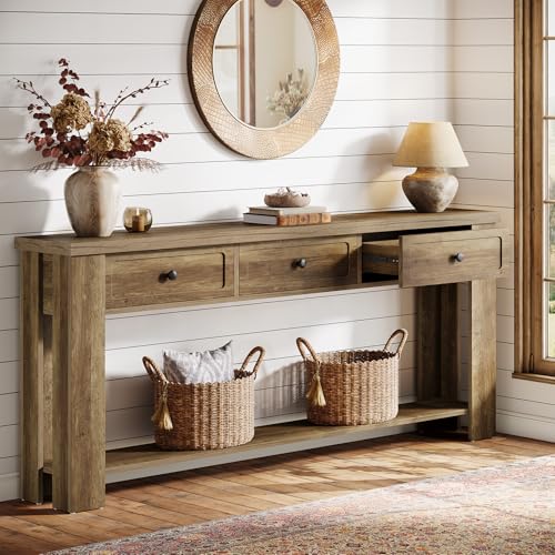 Tribesigns 70.9-Inch Long Console Table with 3 Drawers, Farmhouse Entryway Table with Storage, Rectangular Narrow Sofa Table Behind the Couch, Accent Table for Hallway, Living Room, Entry, Brown - color: Brown