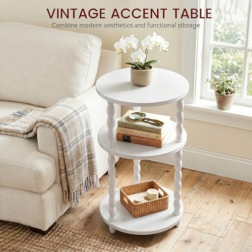 Small Round Side Table, 3-Tier Solid Wood End Table with Storage Shelf, Modern Bedside Tables Night Stand for Living Room, Bedroom, College Dorm, Small Space (White) - color: White