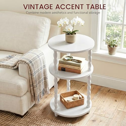 Small Round Side Table, 3-Tier Solid Wood End Table with Storage Shelf, Modern Bedside Tables Night Stand for Living Room, Bedroom, College Dorm, Small Space (White) - color: White