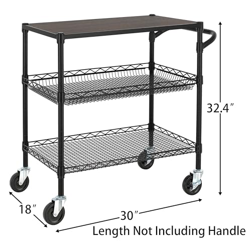 Finnhomy 3 Tier Heavy Duty Commercial Grade Utility Cart with Wood Top, Wire Rolling Cart with Wheels and Handle Bar, Kitchen Carts on Wheels, Metal Cart with 600 LBS Capacity, Black - style: 30“L Black