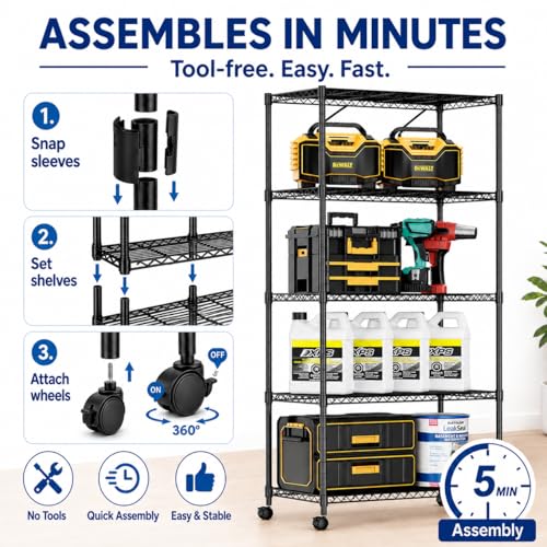 Simple Deluxe 5-Tier Heavy Duty Storage Shelving Unit, 1250 Lbs Loading Capacity, 29.92" W x 13.98" D x 61.02" H, Black - size: 5-Tier, 29.92"W x 13.98"D x 61.02"H