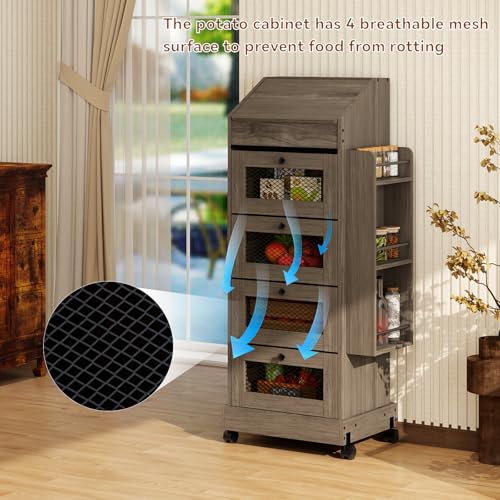 ARTETHYS Potato Storage Bin 5-Tier Rolling White Bread Box with Side Rack | Onion Keeper with Spice Rack on Wheels, Movable Fruit & Vegetable Container with 4 Ventilated Drawers for Kitchen - color: Gray