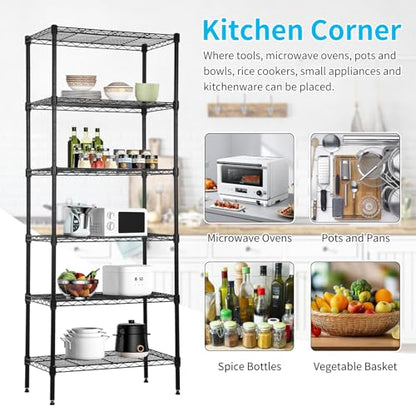 BLKMTY Tall Shelves, 6 Tier Wire Shelving, Narrow Storage Metal Shelf, Standing Shelf Units, Adjustable Garage Shelving, 13.2" D x 23.4" W x 59" H, 900lbs Capacity, Commercial Shelves, Black - color: Black, size: 6 Tire: 13.2" D x 23.4" W x 59" H
