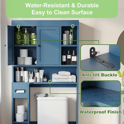 Over The Toilet Storage Cabinet with 7 Shelves, Imitation Walnut Grain Above Toilet Bathroom Organizer with Toilet Paper Holder Stand, Space Saver for Restroom, Laundry, Bathroom (Navy Blue) - color: Navy Blue