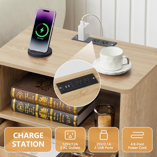 Small Nightstand Set of 2 with Charging Station, Accent Bedside Nightstand with Drawer, Mid Century Modern Bedroom Side Bed Table with Storage for Dorm, Living Room, Couch, Office - Natural - color: Natural