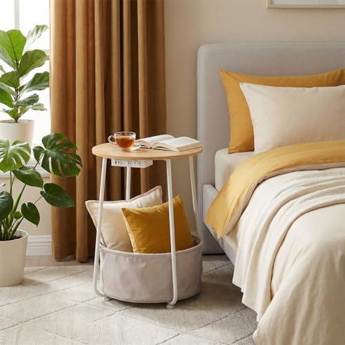 Round Side Table with Charging Station & USB Ports, Modern End Table Nightstand with Fabric Storage Basket, Matte White & Camel Brown Accent Table for Living Room, Bedroom (Burlywood) - color: Burlywood