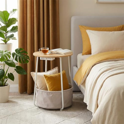 Round Side Table with Charging Station & USB Ports, Modern End Table Nightstand with Fabric Storage Basket, Matte White & Camel Brown Accent Table for Living Room, Bedroom (Burlywood) - color: Burlywood