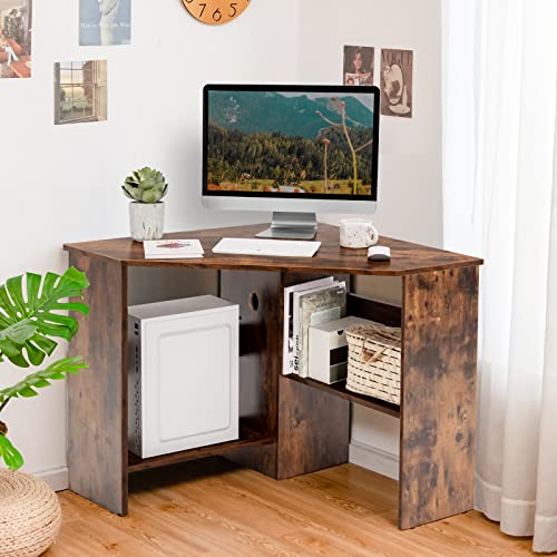 Tangkula Corner Desk, 90 Degrees Triangle Computer Desk for Small Space, Bedroom Makeup Vanity Desk with Storage Shelves & CPU Stand, Space Saving - color: Rustic Brown