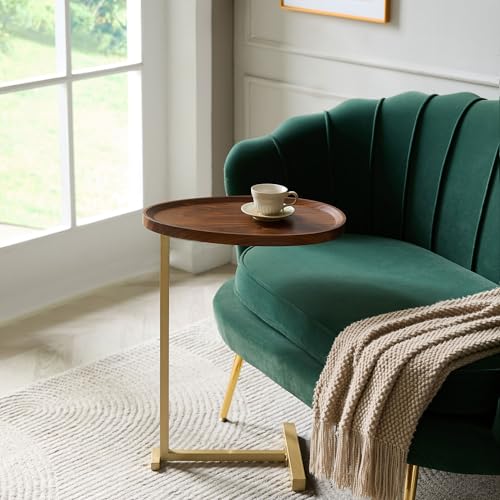 Kings Brand C-Shaped Side End Table, Sofa Table, Gold & Brown | Convenient C-Shaped Table – Slides Under Sofas, Chairs, Beds to Keep Coffee, Snacks, Laptops, Books, & Essentials w/in Reach - color: Brown