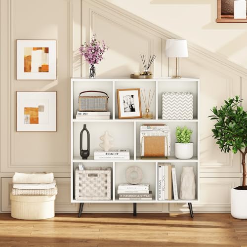 Giantex 8-Cube Bookcase, 3-Tier Modern Bookshelf with 5 Metal Legs, 39.5" Freestanding Open Storage Organizer with 2 Anti-tip Devices, Mid-Century Display Rack for Living Room (39.5" x 9.5" x 42") - size: 39.5" x 9.5" x 42"