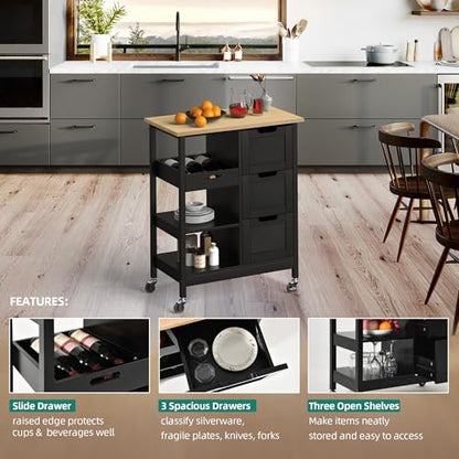 YITAHOME Kitchen Island with Storage, Kitchen Cart for Home, Rolling Serving Utility Trolley Cart on Wheel with 3 Drawers and 3 Storage Shelves, Kitchen Serving Cart for Dining Room, Bar, Black - style: 26.7"W Black