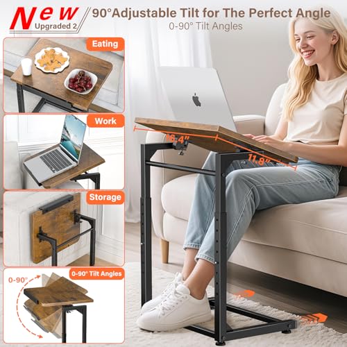 Tv Tray Table Set of 2, 8-Level Adjustable Height Couch Side Table，90° Tilt Angle Adjustments C-Shaped End Table, with Phone & Tablet Slot Sofa Computer Desk for Couch, Sofa, Bed, Chair, Living Room - color: Brown, size: 2 pcs