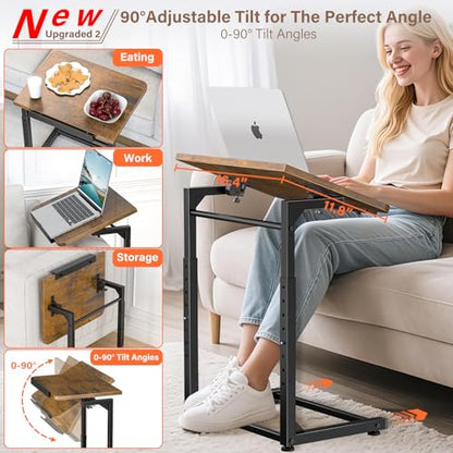 Tv Tray Table Set of 2, 8-Level Adjustable Height Couch Side Table，90° Tilt Angle Adjustments C-Shaped End Table, with Phone & Tablet Slot Sofa Computer Desk for Couch, Sofa, Bed, Chair, Living Room - color: Brown, size: 2 pcs