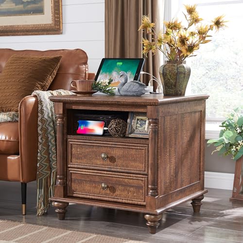 T4TREAM 24" Farmhouse Nightstands with 2 Drawers, Reclaimed Barnwood | 4 Solid Wood Feet, Charging Station, Tall Rustic Wood Square, Sofa Side Table, Living Room, Bedroom - color: Reclaimed Barnwood