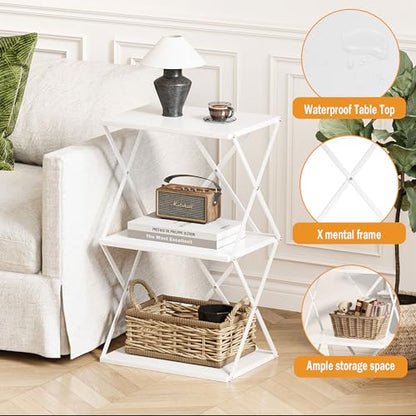 3-Tier End Table Small Side Table Tall Bedside Night Stand with Storage Sofa Side desks for Living Room Bedroom Office Bathroom Small Space White ET-03W - color: White High