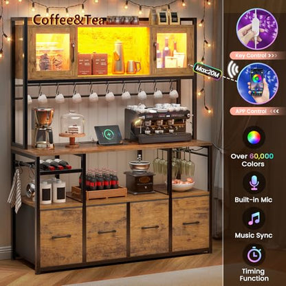 Itaar Bakers Rack with Power Outlet and LED Light, 47.2'' Microwave Stand with Storage, Kitchen Coffee Bar Cabinet with Glass Door, 4 Drawer, Wine Rack, Goblet Holder and 12 Hooks, Rustic Brown - color: Rustic Brown