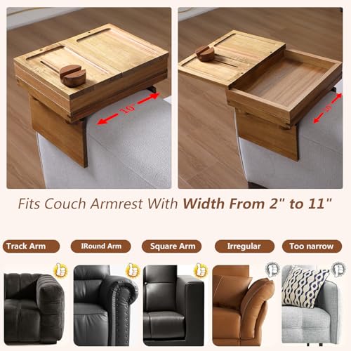 Acacia Wood Couch Arm Tray, 13.4 x 10.3 x 9.5 inches | Sofa Armrest Table, 2 Rotating Trays, 1 Storage Box, 360° Rotating Phone Holder, 4-in-1 TV Tray Table