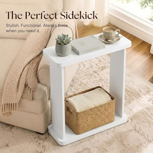 Narrow Side Table for Small Spaces, 7.9" Slim End Table with 2-Tier Open Storage Shelf, Modern Skinny Wood Sofa Table for Living Room, Bedroom, Nightstand, Couch(White) - color: White